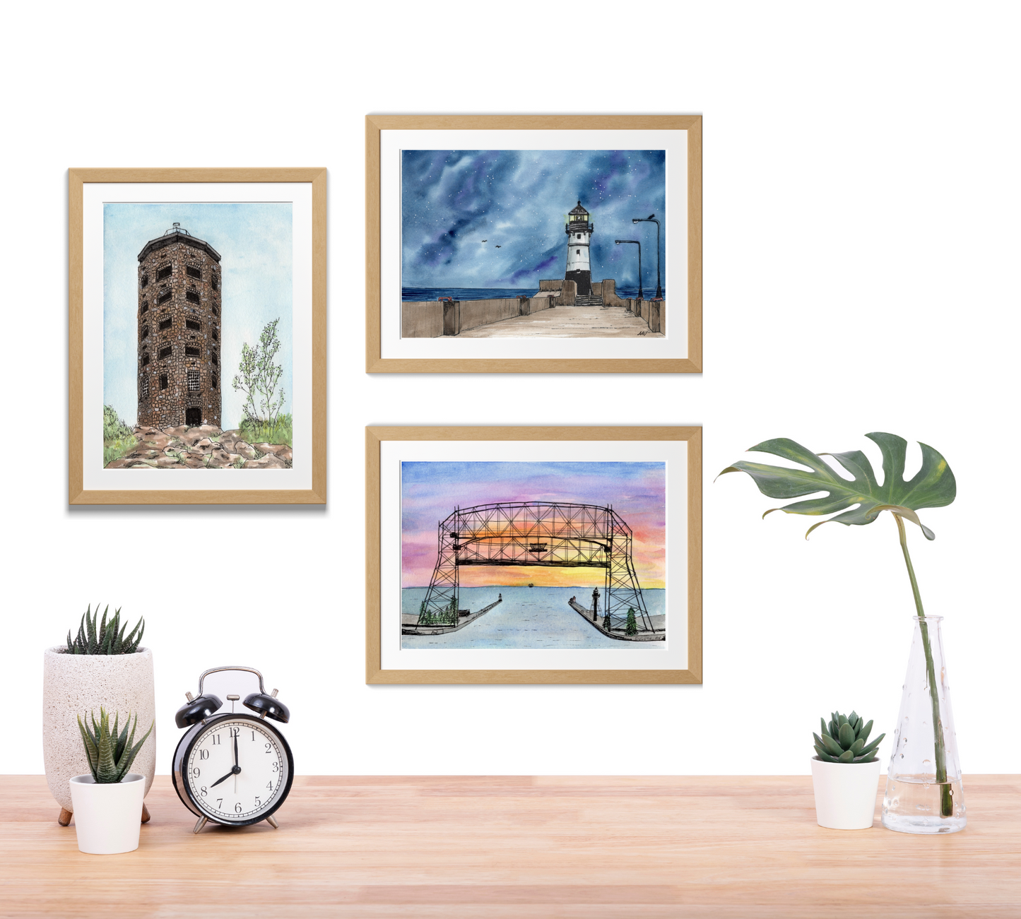 Duluth Lighthouse at Night Pen and Watercolor Art - Archival Quality Art Print