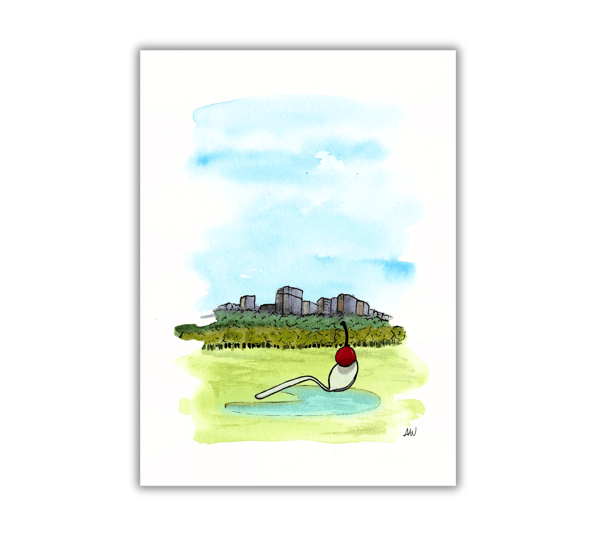Cherry and Spoon in Pen and Watercolor - Archival Quality Art Print - alyssawhetstoneart