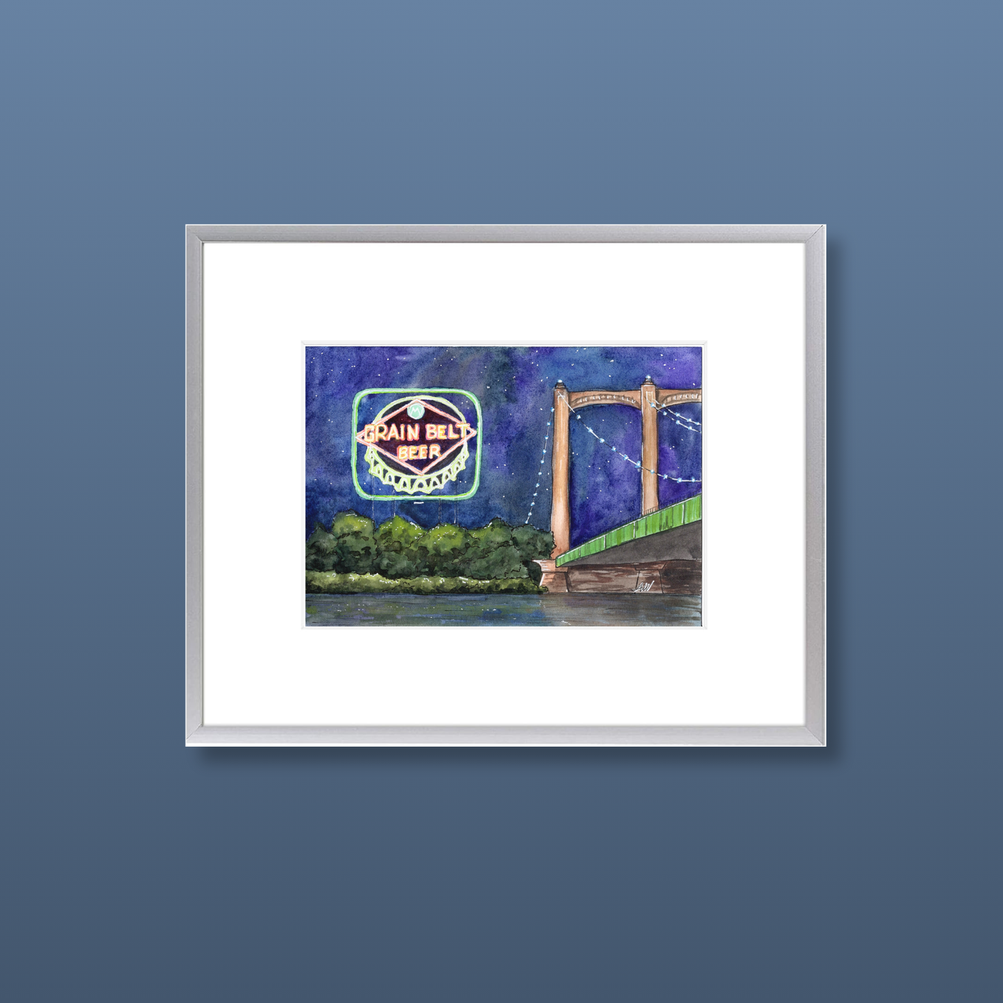 Grain Belt Beer Sign at Night - Framed Original Watercolor Painting