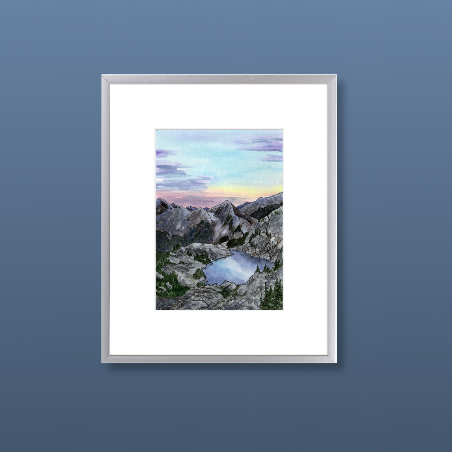 Mountain Lake Reflection - Framed Original Watercolor Painting