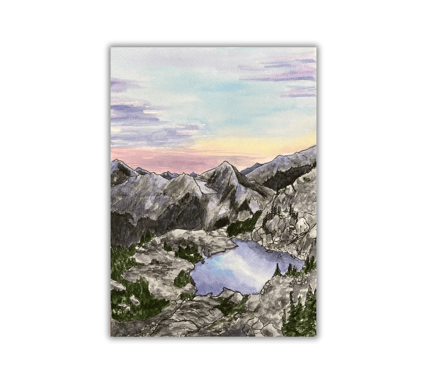 Mountain View of the Lake - Pen and Watercolor Archival Art Print