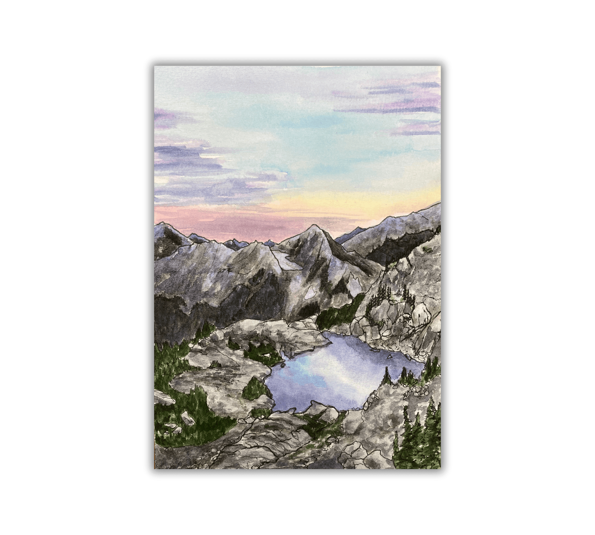 Mountain View of the Lake - Pen and Watercolor Archival Art Print - alyssawhetstoneart