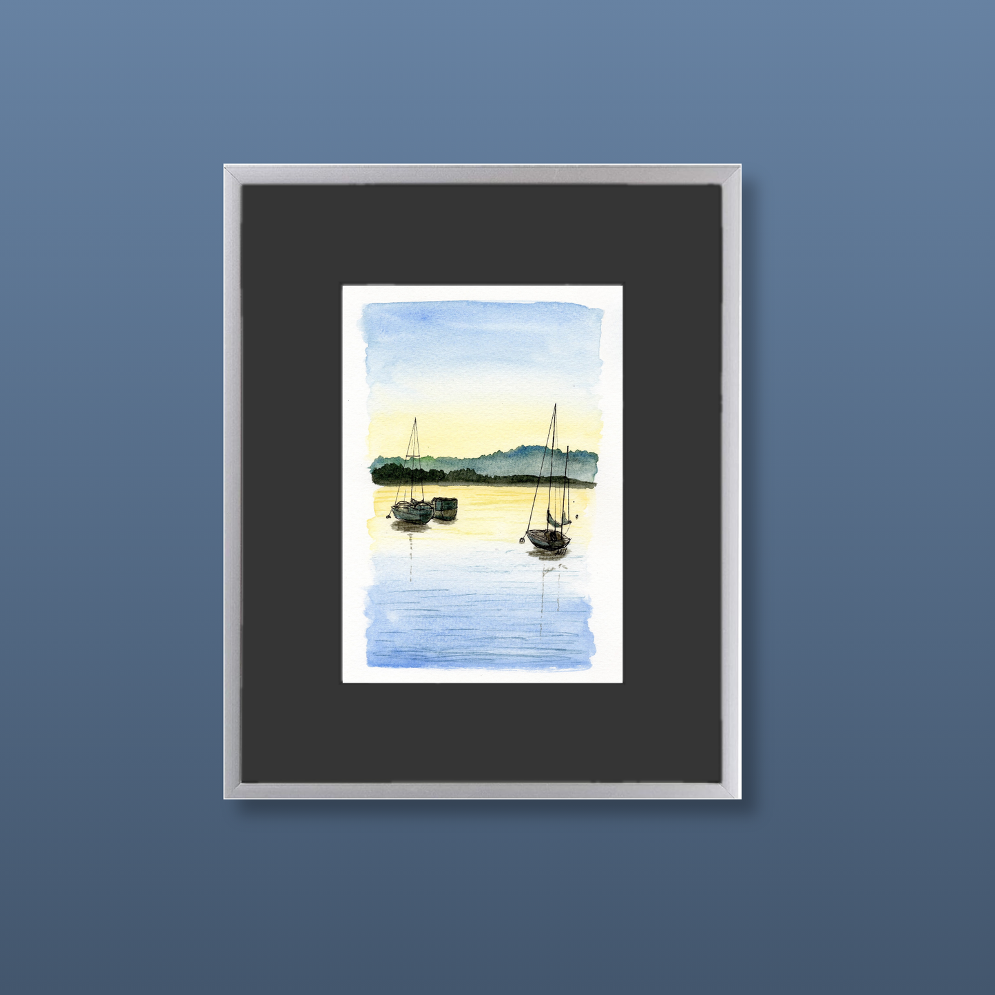 Sailboats at Dusk - Framed Original Watercolor Painting