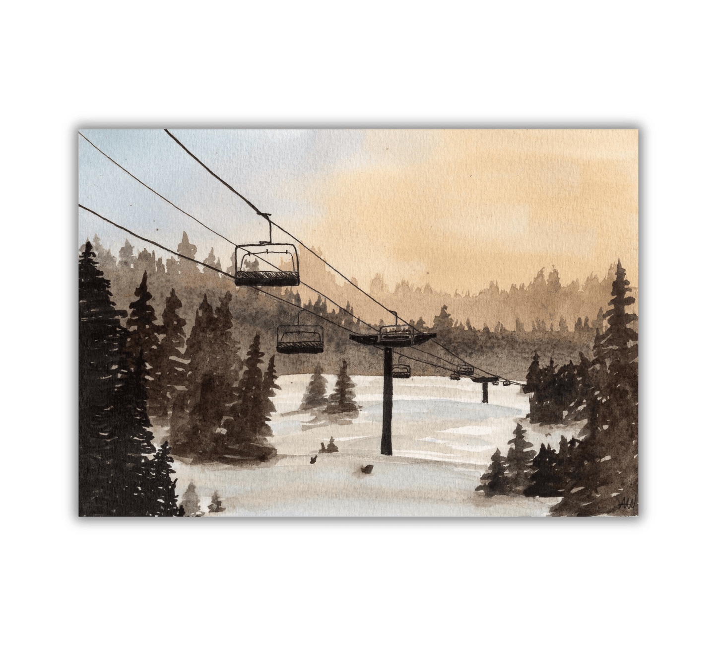 Skiing at Sunset Pen and Watercolor Painting - Archival Quality Art Print - alyssawhetstoneart