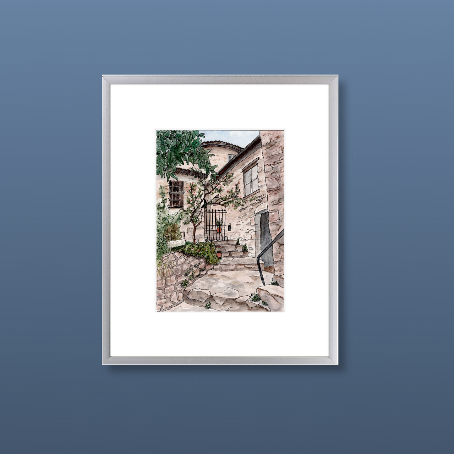 City of Eze France - Framed Original Watercolor Painting