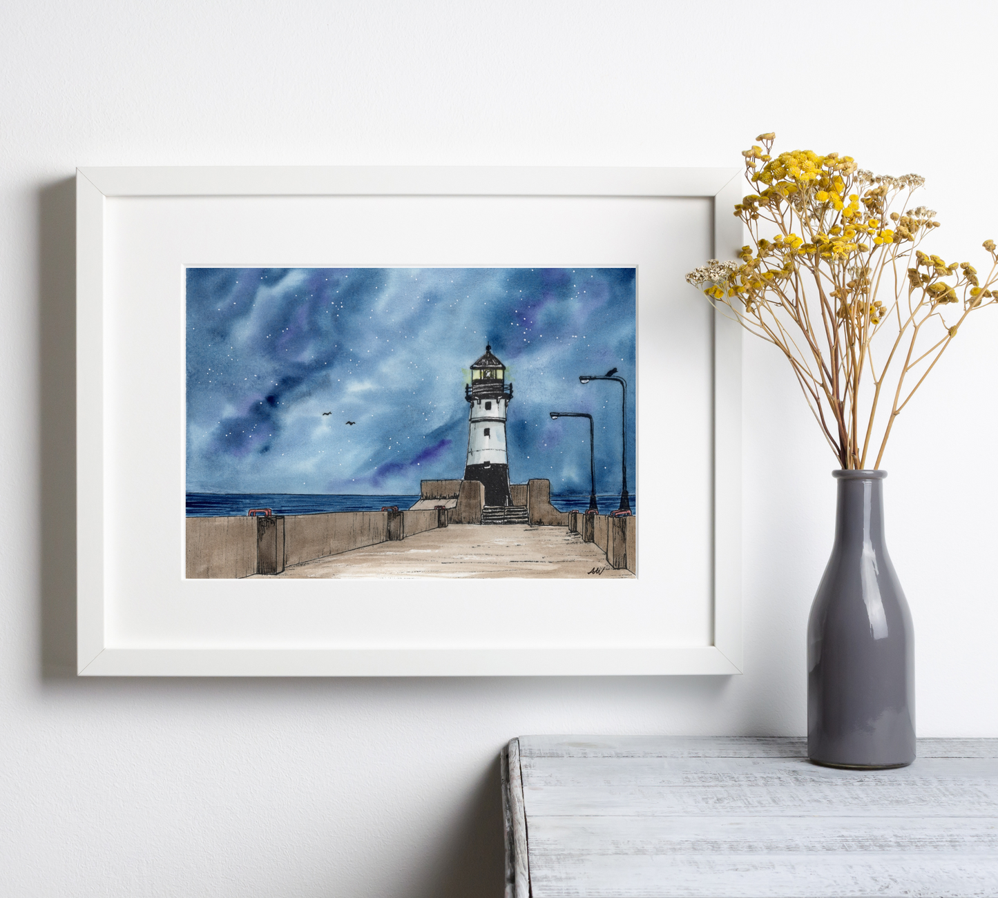 Duluth Lighthouse at Night Pen and Watercolor Art - Archival Quality Art Print