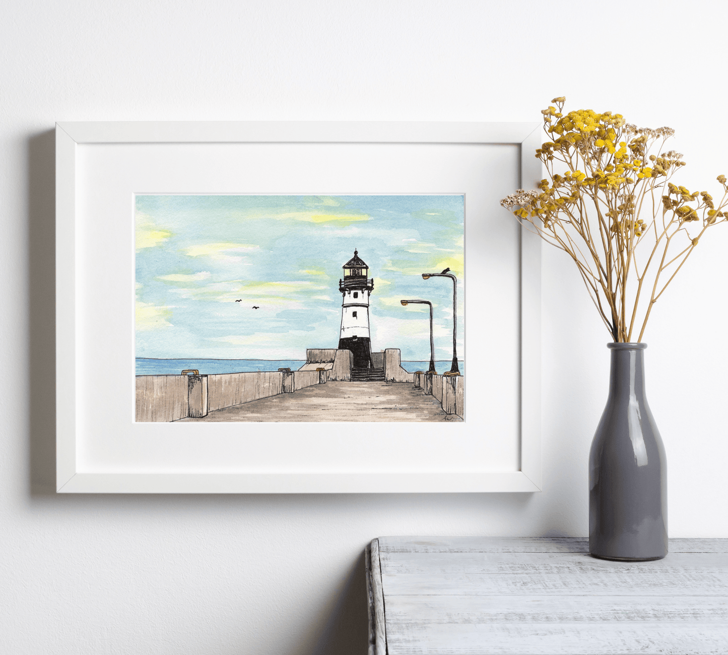Duluth Lighthouse Pen and Watercolor Art - Archival Quality Art Print