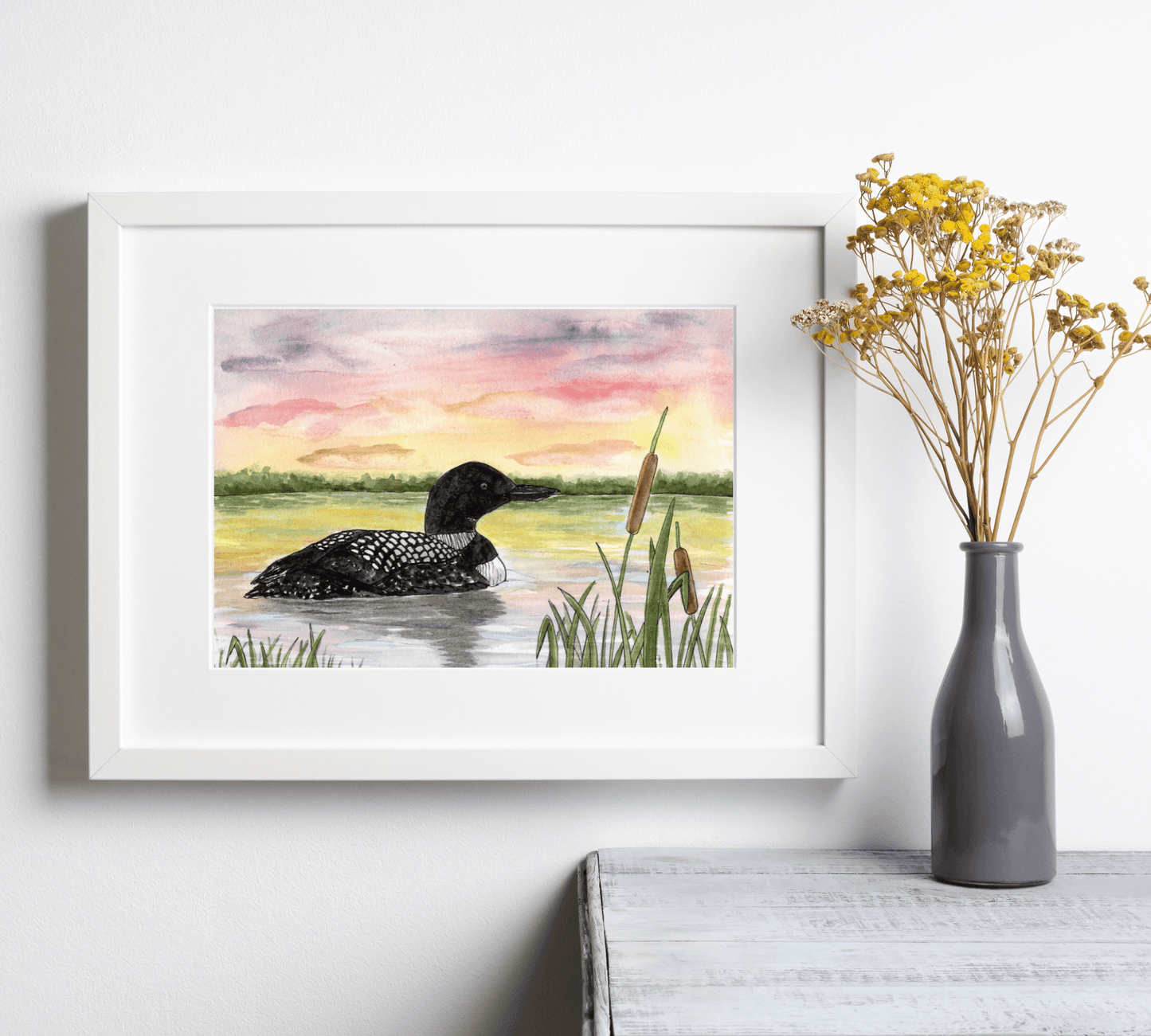 Loon at Sunset - Pen and Watercolor Painting - Archival Quality Art Print