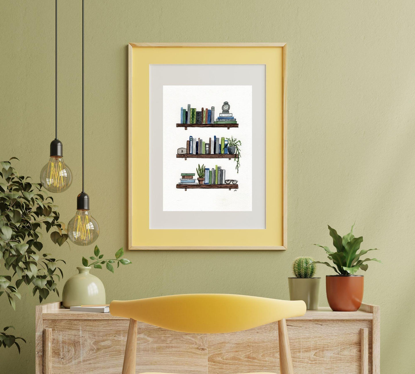 Bookshelves - Pen and Watercolor Archival Art Print