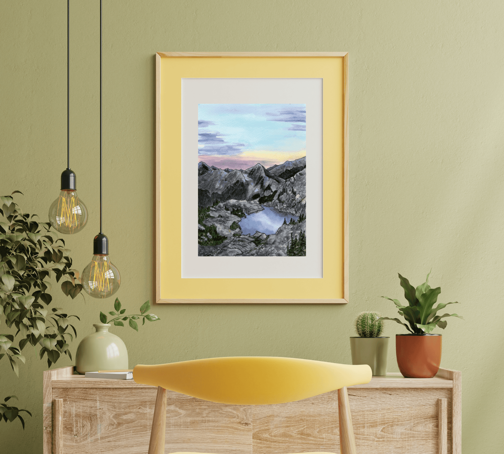 Mountain View of the Lake - Pen and Watercolor Archival Art Print - alyssawhetstoneart