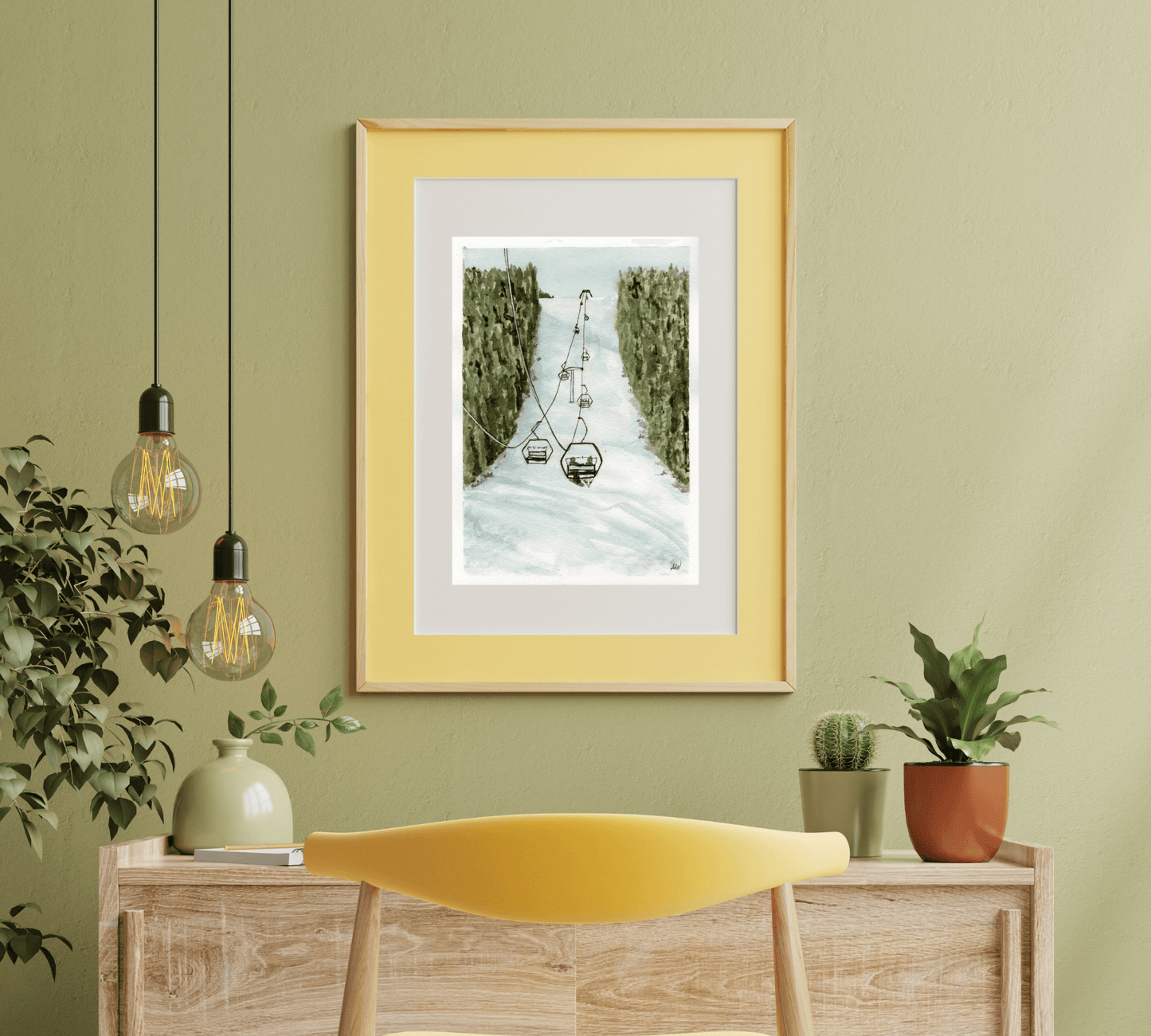 Skiing through the Pines - Pen and Watercolor Painting - Archival Quality Art Print - alyssawhetstoneart