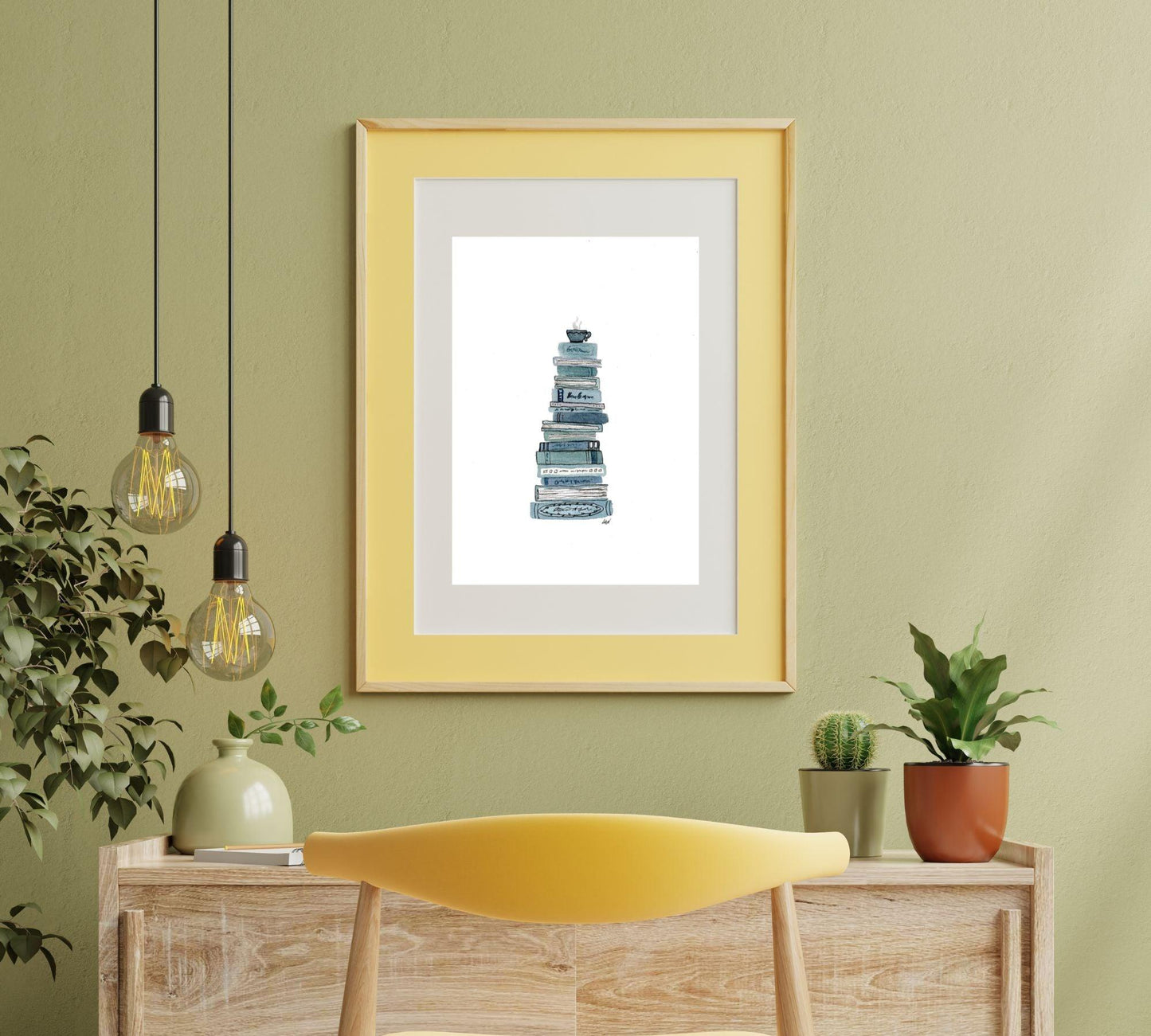 Book Stack - Pen and Watercolor Archival Art Print