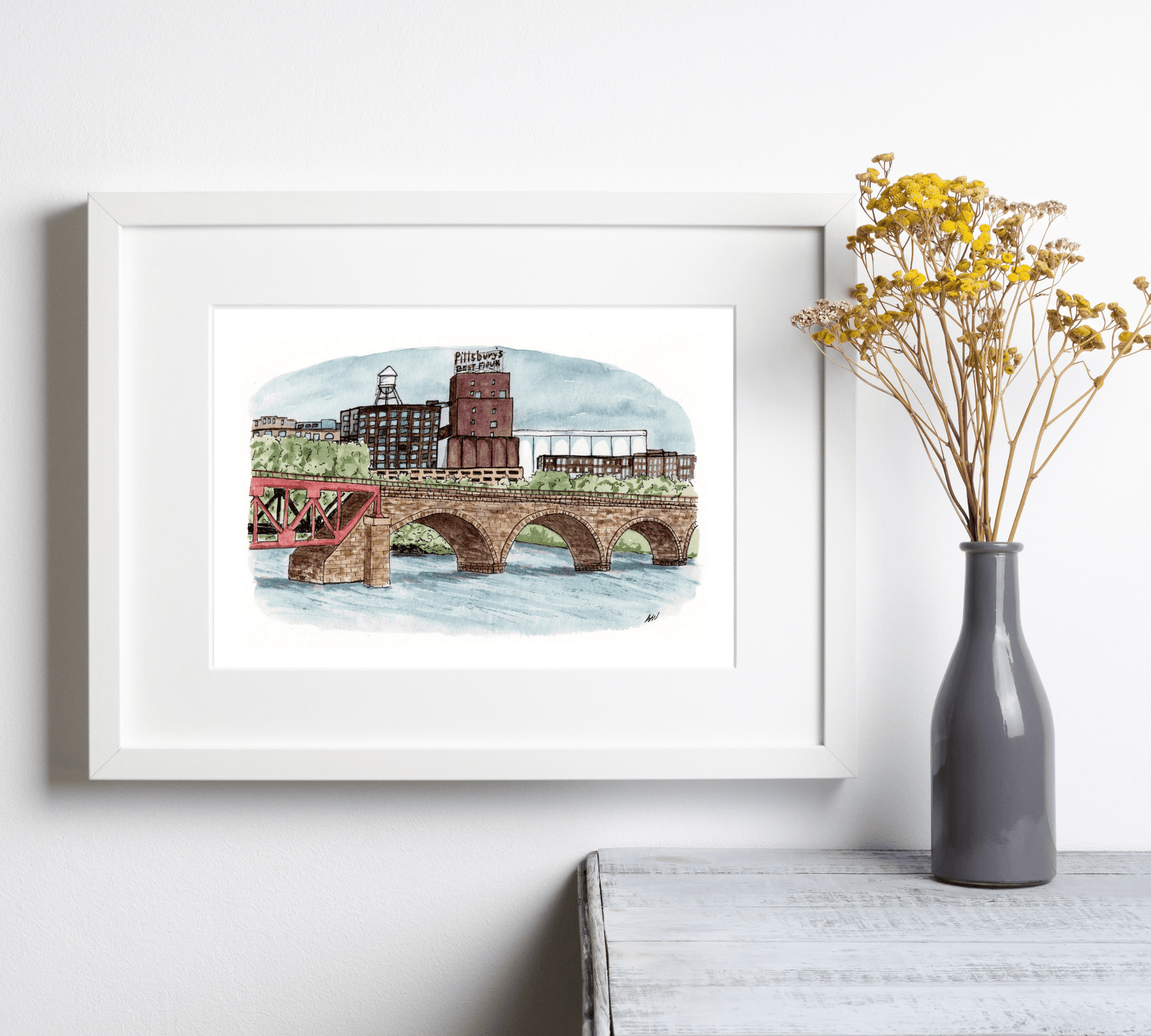 Pillsbury at the Stone Arch - Pen and Watercolor Art - Archival Quality Art Print - alyssawhetstoneart