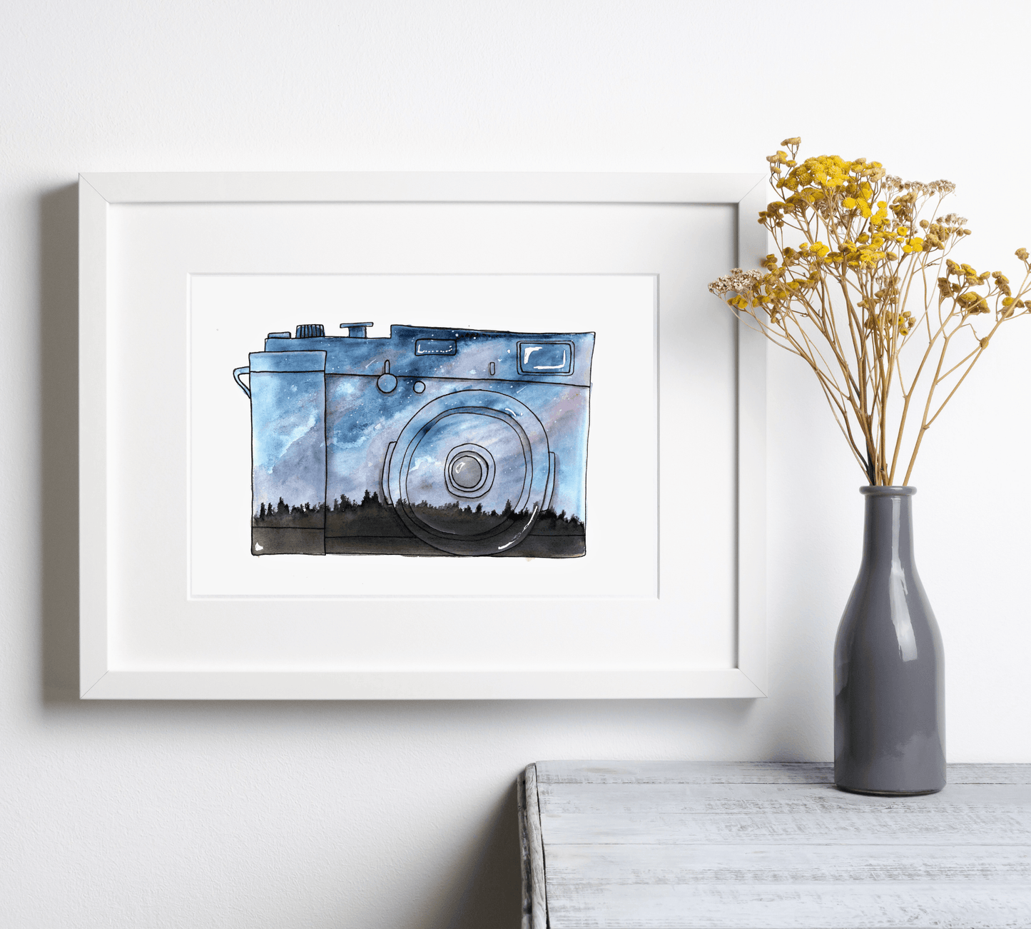 Northern Night Sky Camera Landscape Prints - Pen and Watercolor Archival Art Print