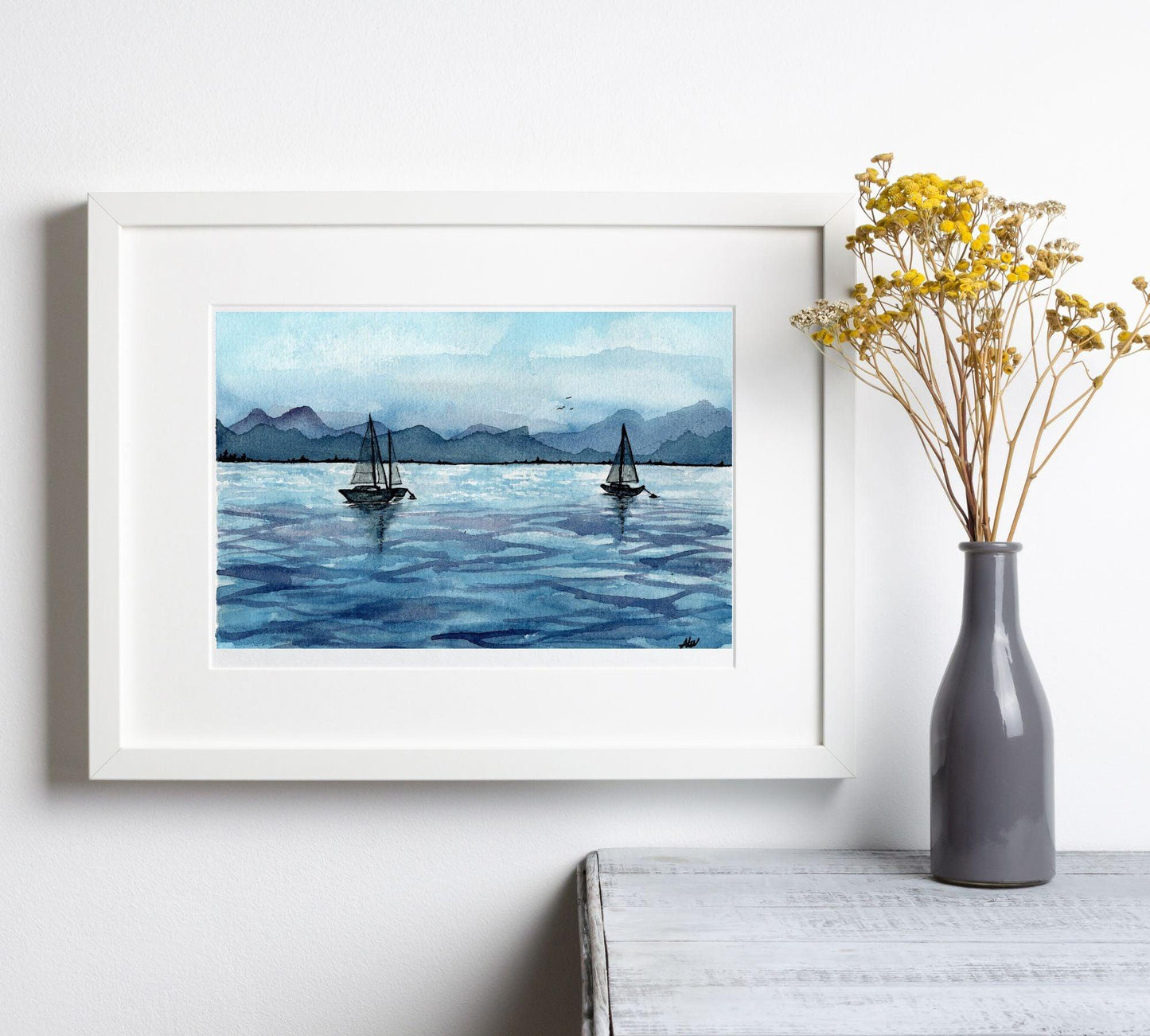 Sailboats - Pen and Watercolor Archival Art Print - alyssawhetstoneart
