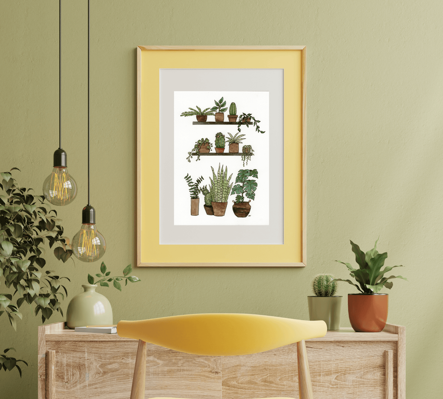 Shelves of Plants - Pen and Watercolor Archival Art Print
