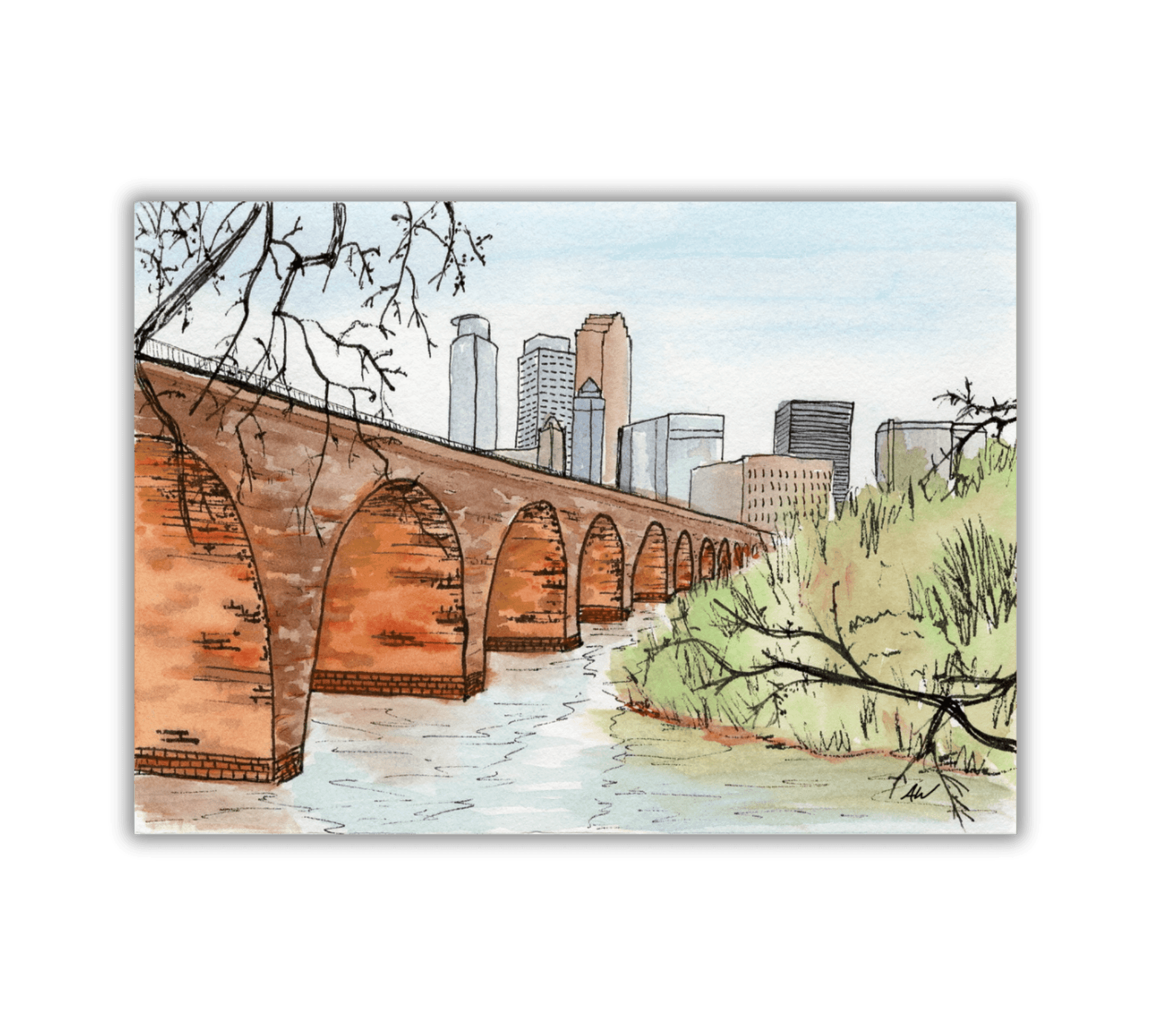 Stone Arch Bridge in Pen and Watercolor - Archival Quality Art Print - alyssawhetstoneart
