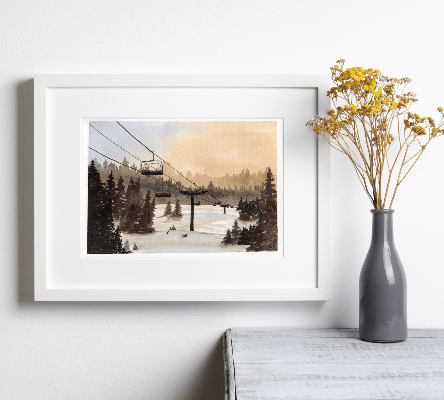 Skiing at Sunset Pen and Watercolor Painting - Archival Quality Art Print - alyssawhetstoneart
