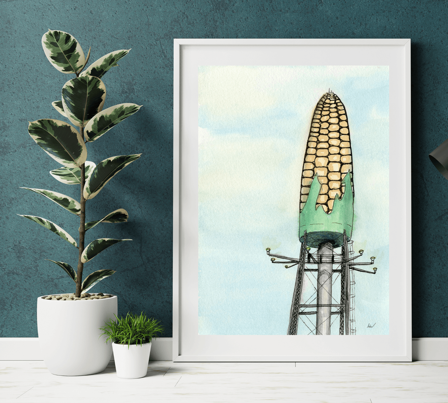 Rochester Corn Water Tower Pen and Watercolor Painting - Archival Quality Art Print