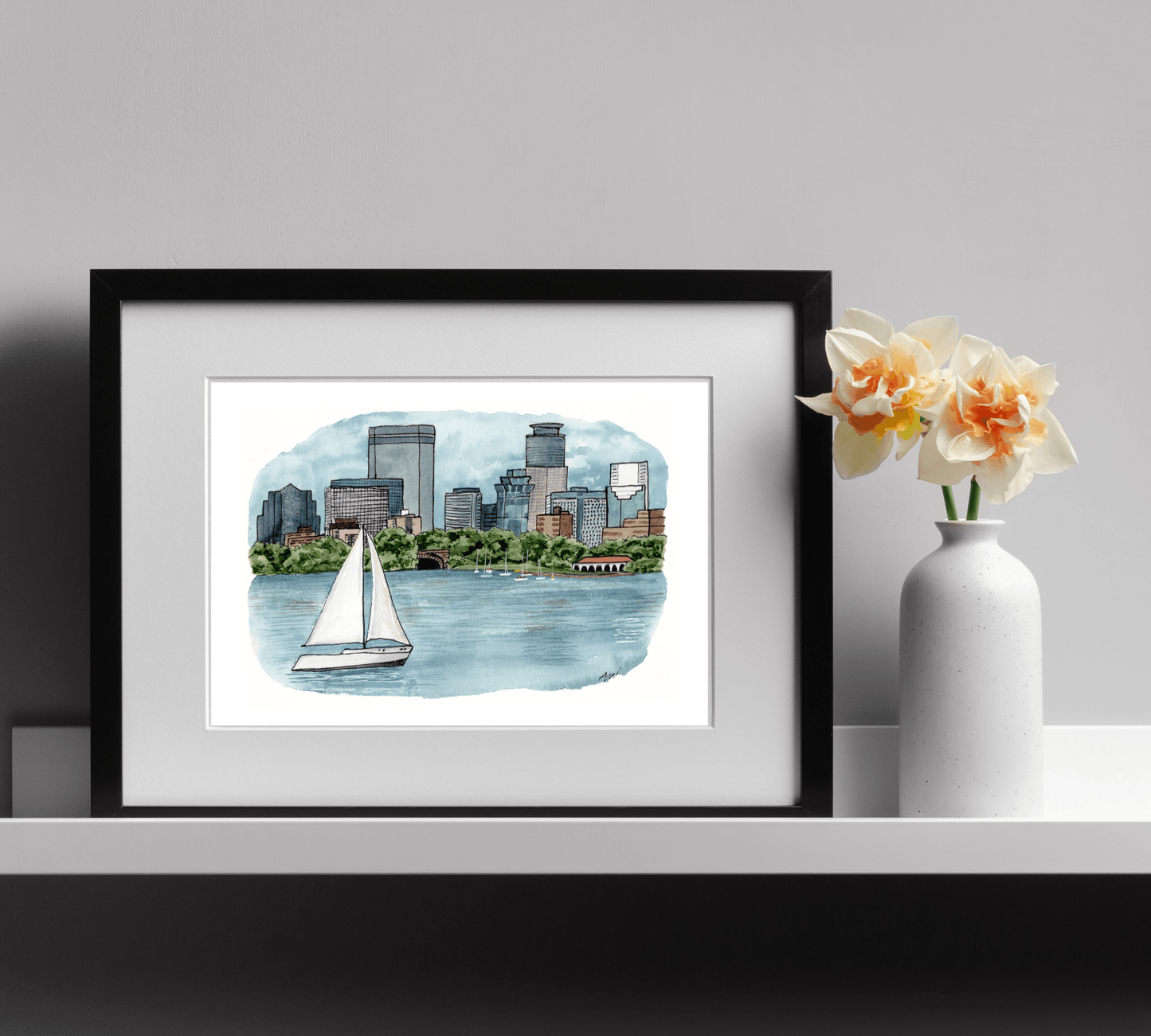 Bde Maka Ska view of Minneapolis - Pen and Watercolor Art - Archival Quality Art Print - alyssawhetstoneart