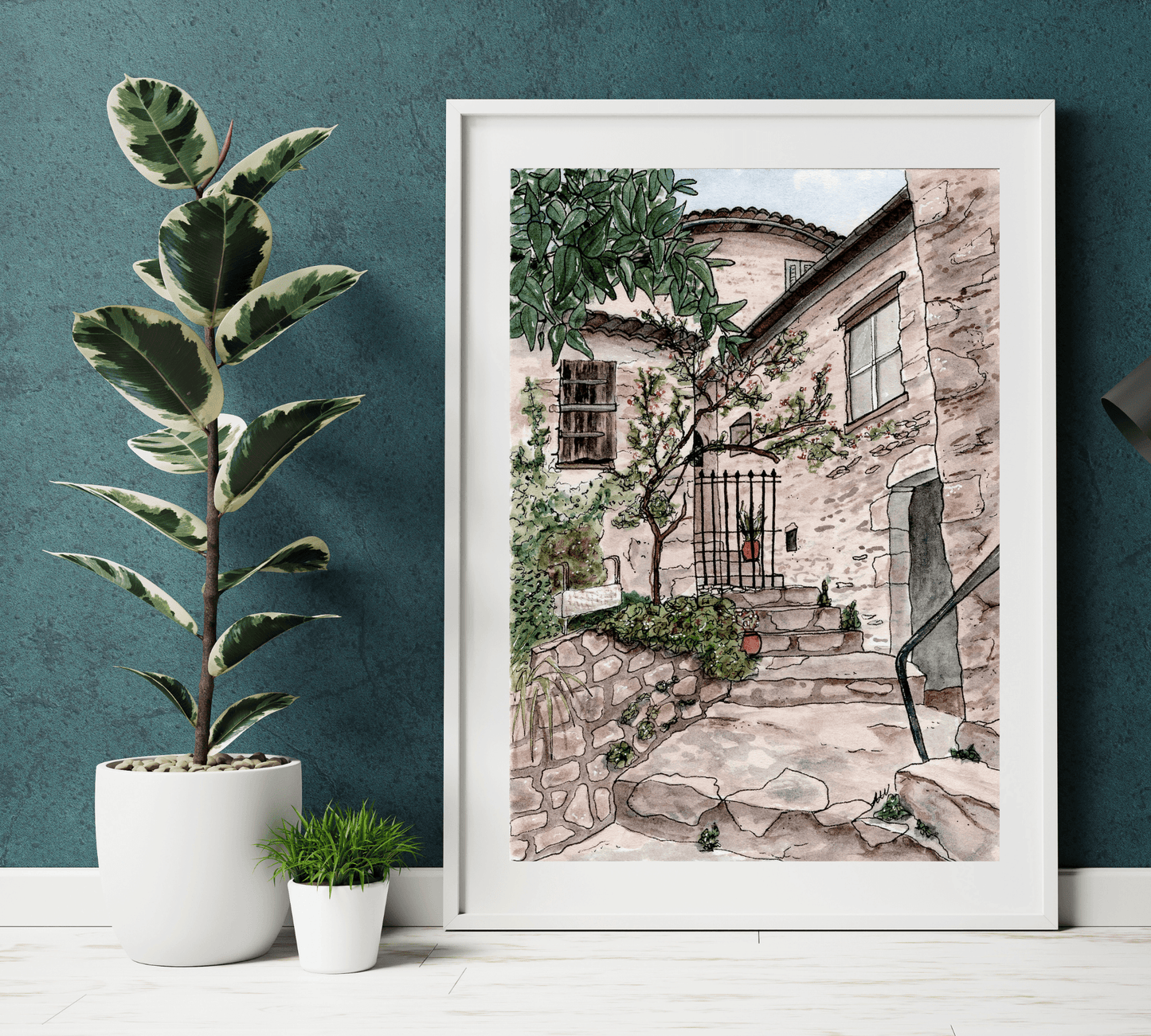 Eze Village France Pen and Watercolor Art - Archival Quality Art Print