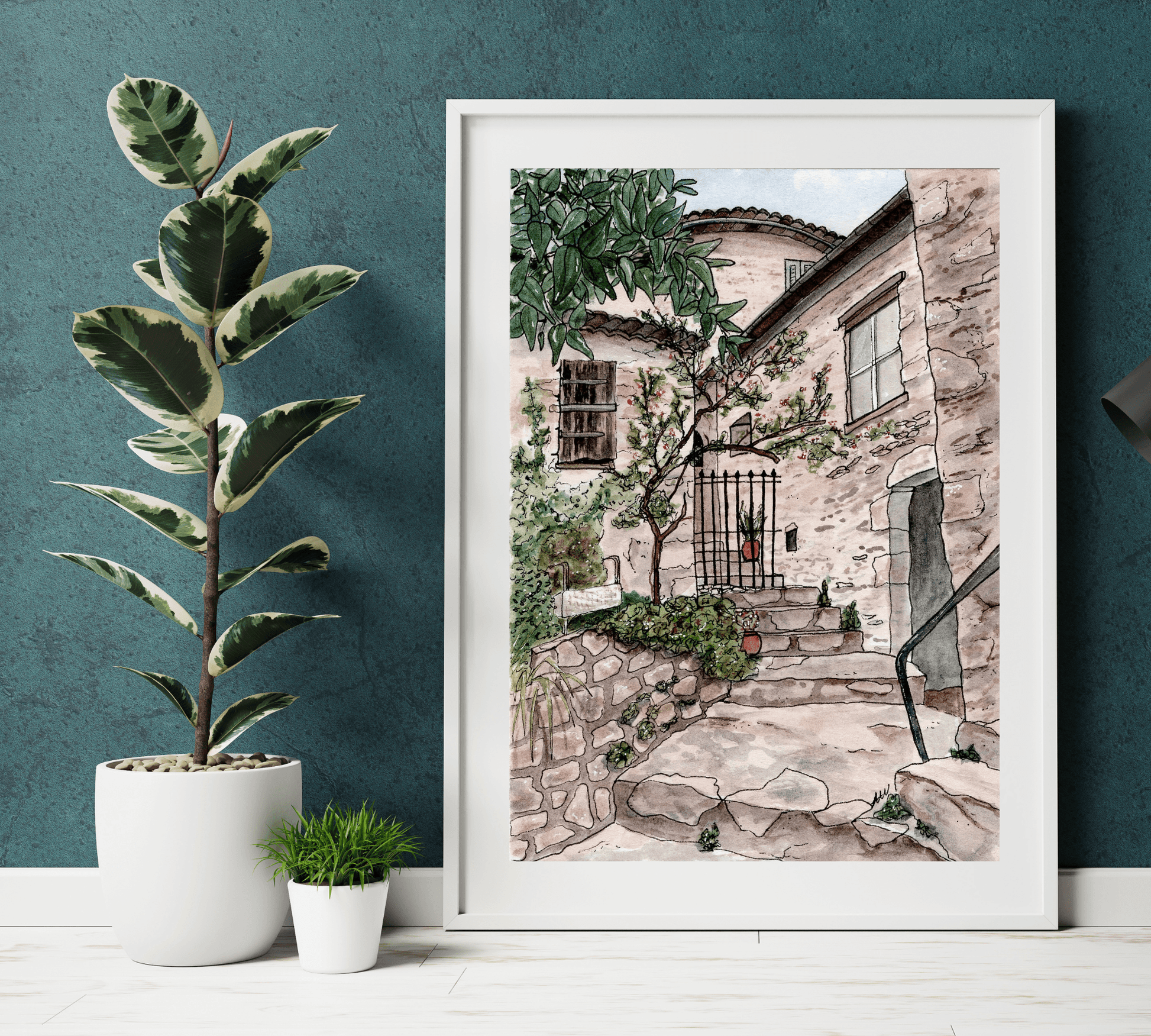 Eze Village France Pen and Watercolor Art - Archival Quality Art Print - alyssawhetstoneart