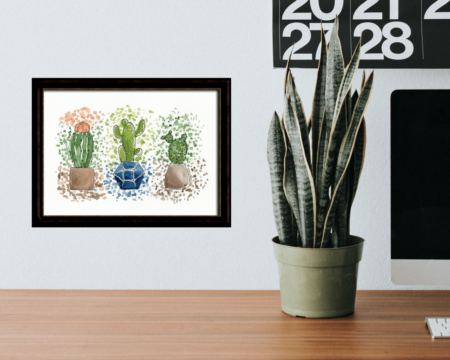 Splatter Cacti Pen and Watercolor Painting - Archival Quality Art Print - alyssawhetstoneart