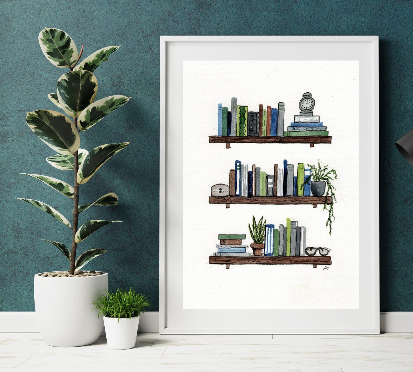 Bookshelves - Pen and Watercolor Archival Art Print