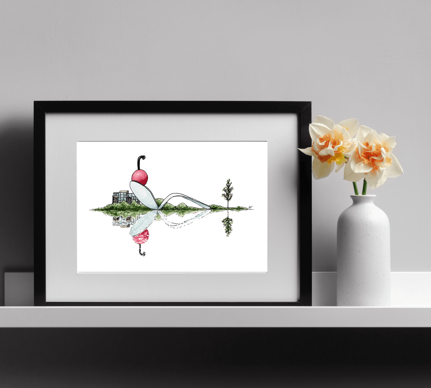 Cherry and Spoon Reflection - Pen and Watercolor Art - Archival Quality Art Print