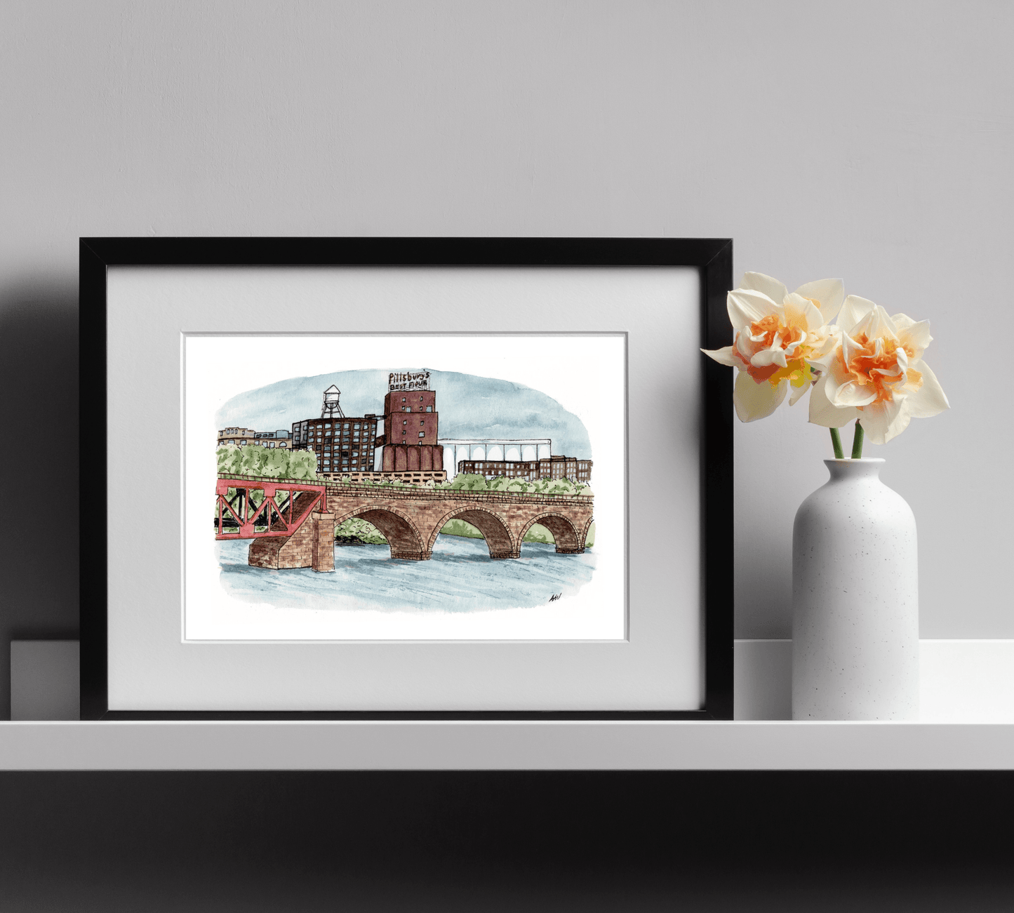 Pillsbury at the Stone Arch - Pen and Watercolor Art - Archival Quality Art Print - alyssawhetstoneart