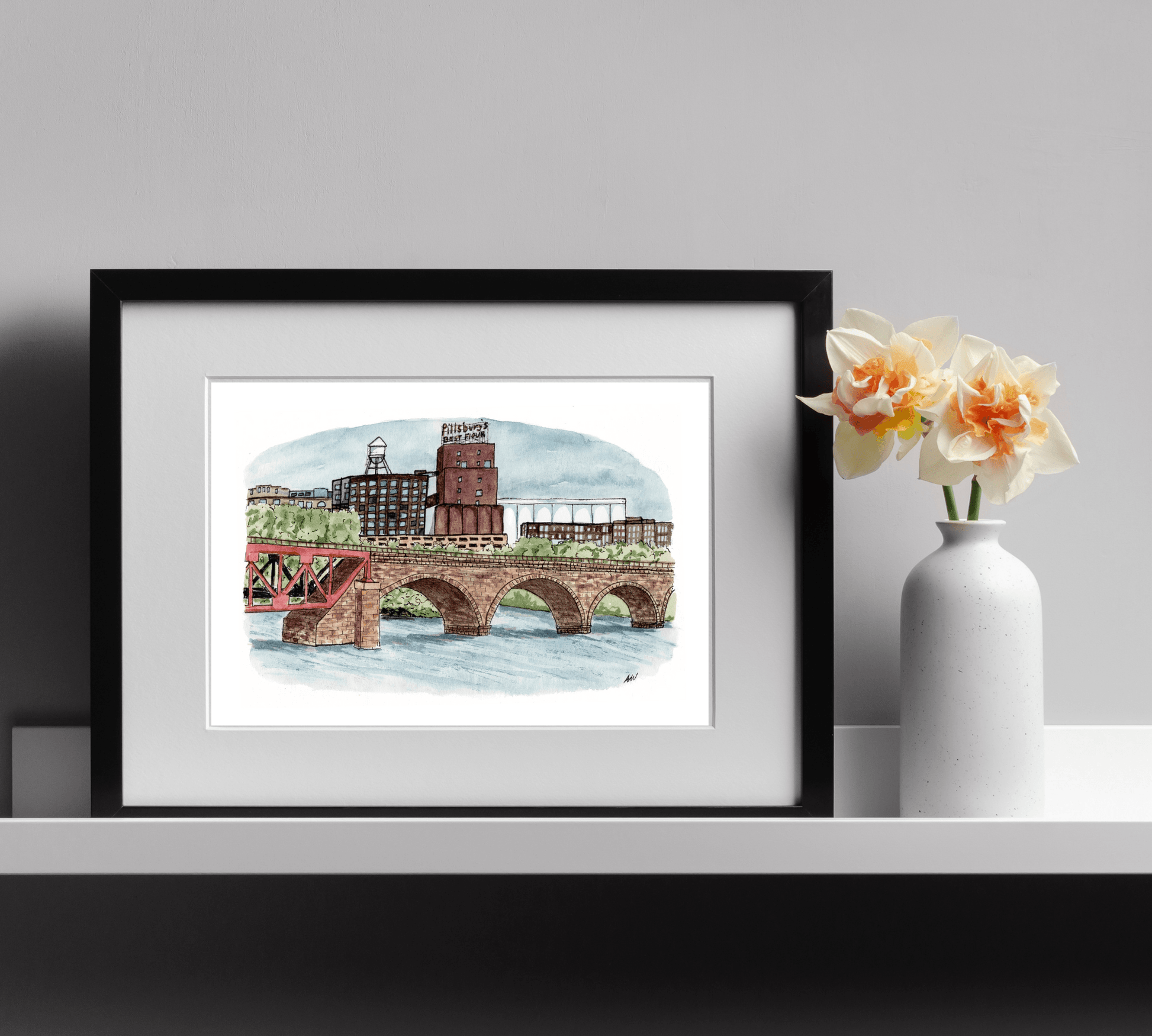 Pillsbury at the Stone Arch - Pen and Watercolor Art - Archival Quality Art Print - alyssawhetstoneart