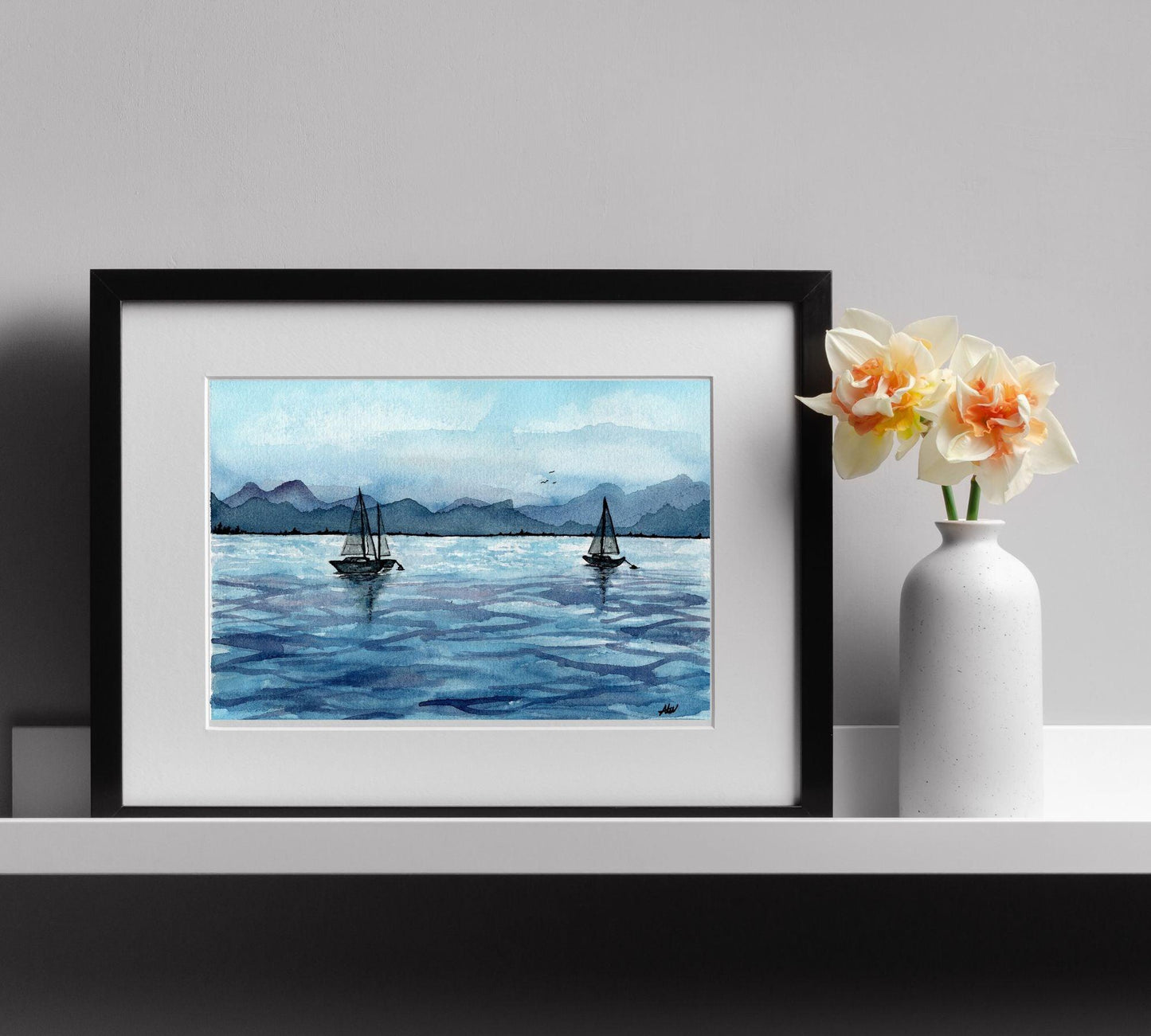 Sailboats - Pen and Watercolor Archival Art Print - alyssawhetstoneart