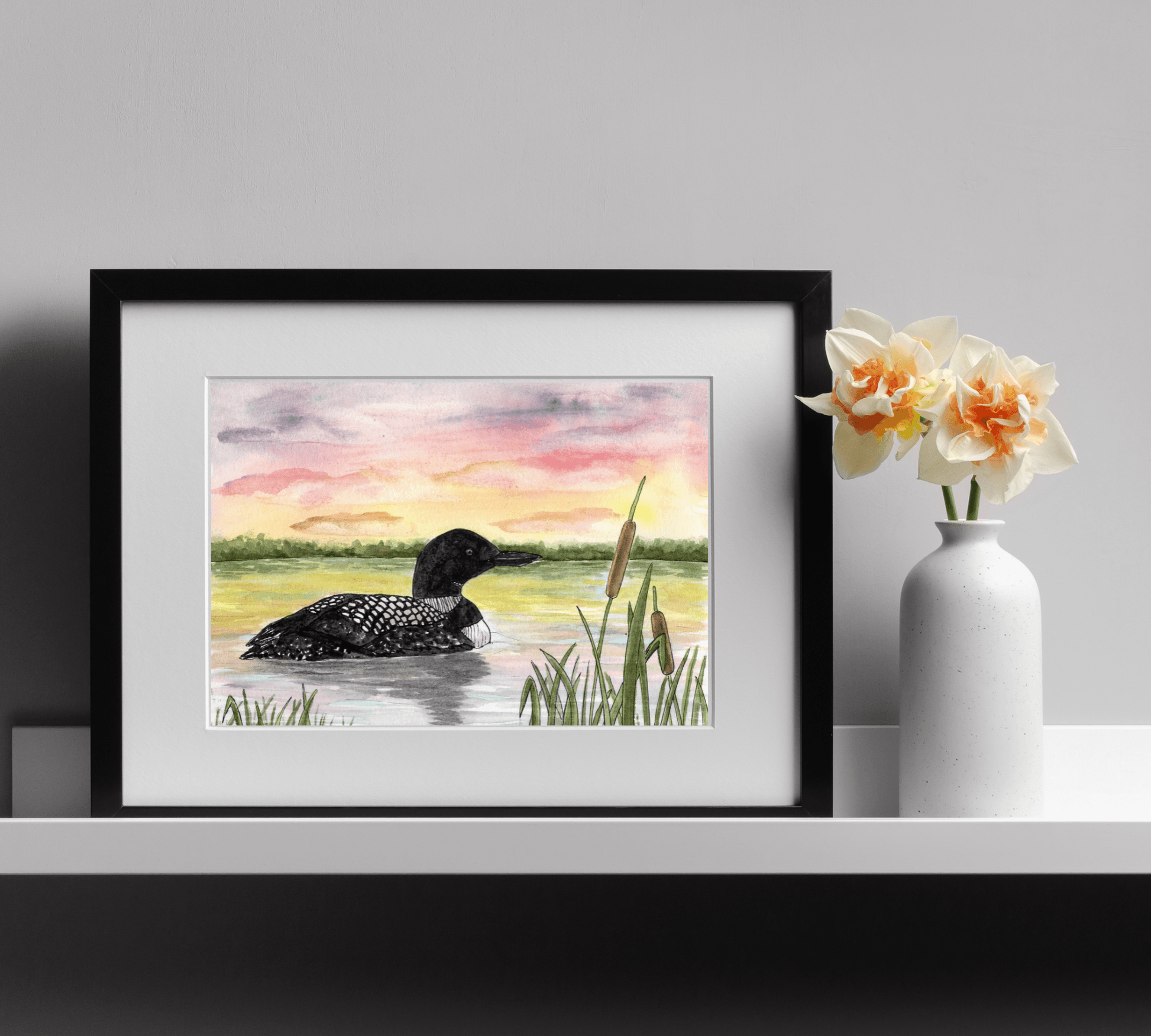Loon at Sunset - Pen and Watercolor Painting - Archival Quality Art Print - alyssawhetstoneart