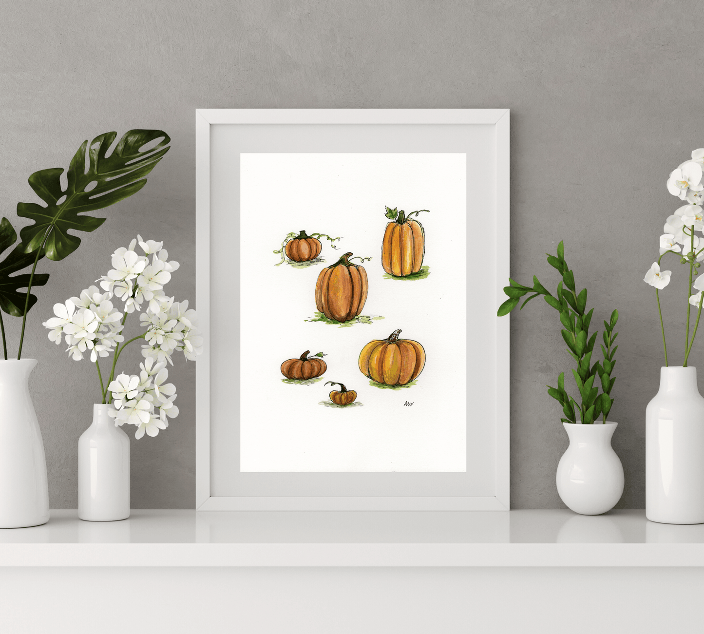Pumpkins - Pen and Watercolor Archival Art Print