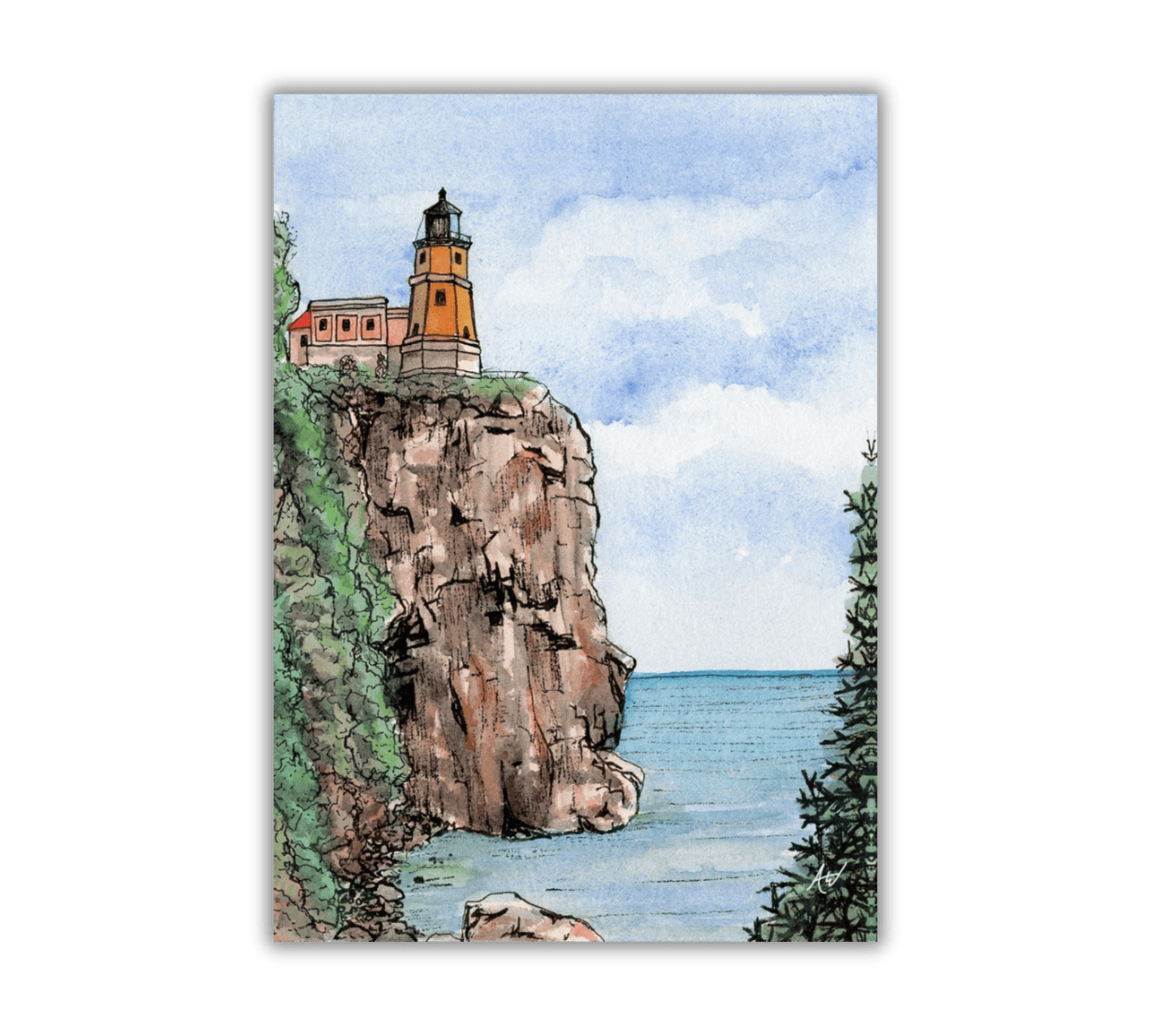 Split Rock Lighthouse in Pen and Watercolor - Archival Quality Art Print