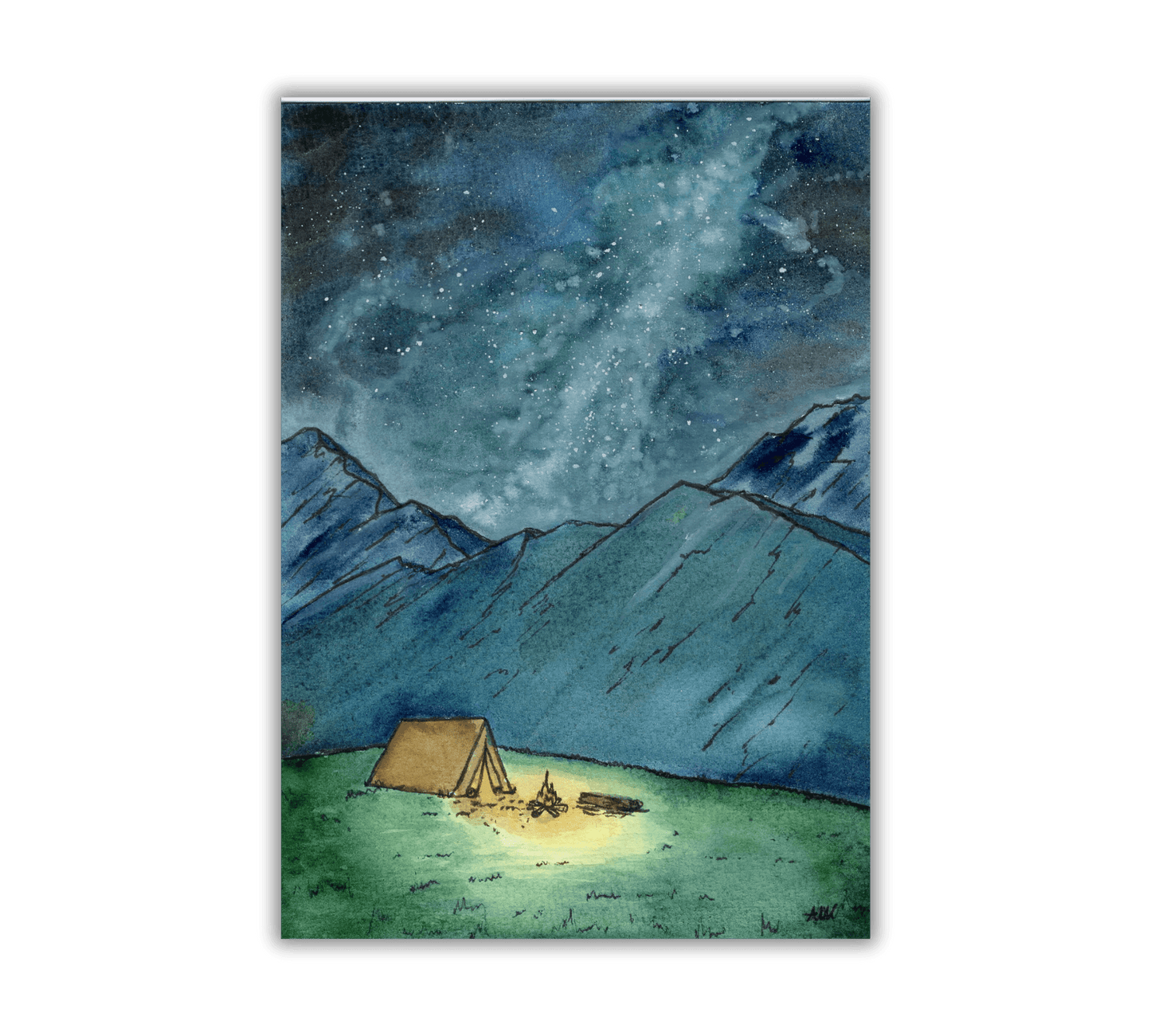 Camping Under the Night Sky in Pen and Watercolor - Archival Quality Art Print