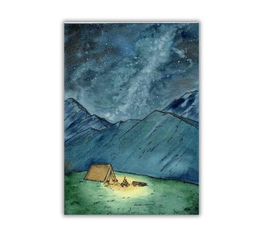 Camping Under the Night Sky in Pen and Watercolor - Archival Quality Art Print - alyssawhetstoneart