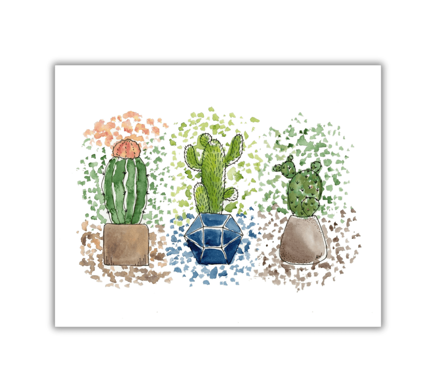 Splatter Cacti Pen and Watercolor Painting - Archival Quality Art Print - alyssawhetstoneart