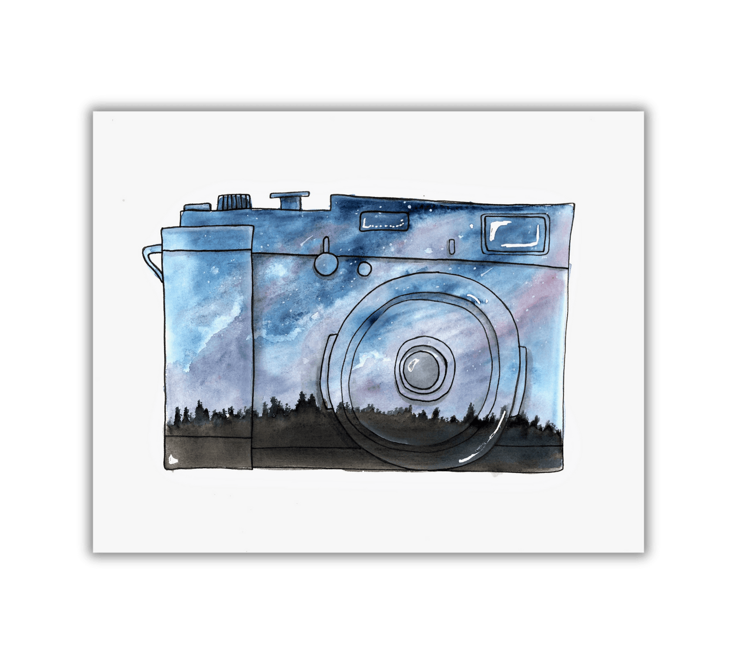 Northern Night Sky Camera Landscape Prints - Pen and Watercolor Archival Art Print