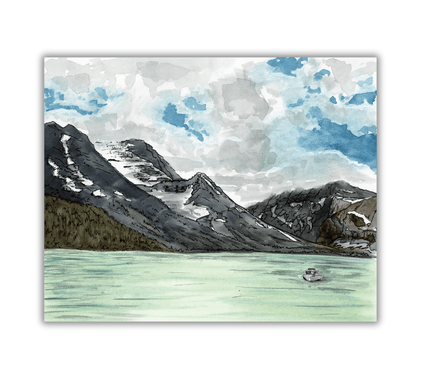 Lake Josephine East Glacier National Park in Pen and Watercolor - Archival Quality Art Print