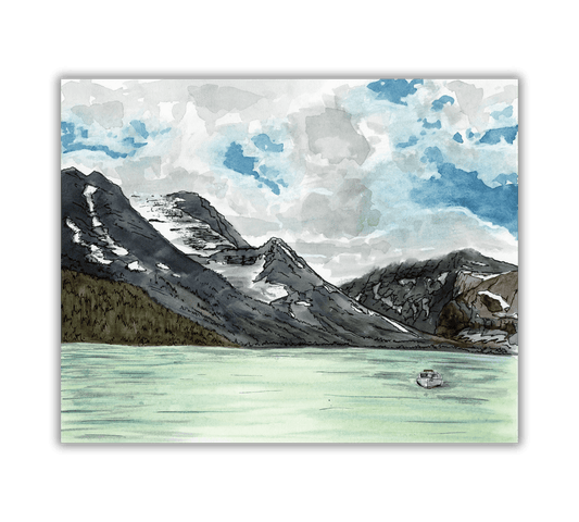 Lake Josephine East Glacier National Park in Pen and Watercolor - Archival Quality Art Print - alyssawhetstoneart