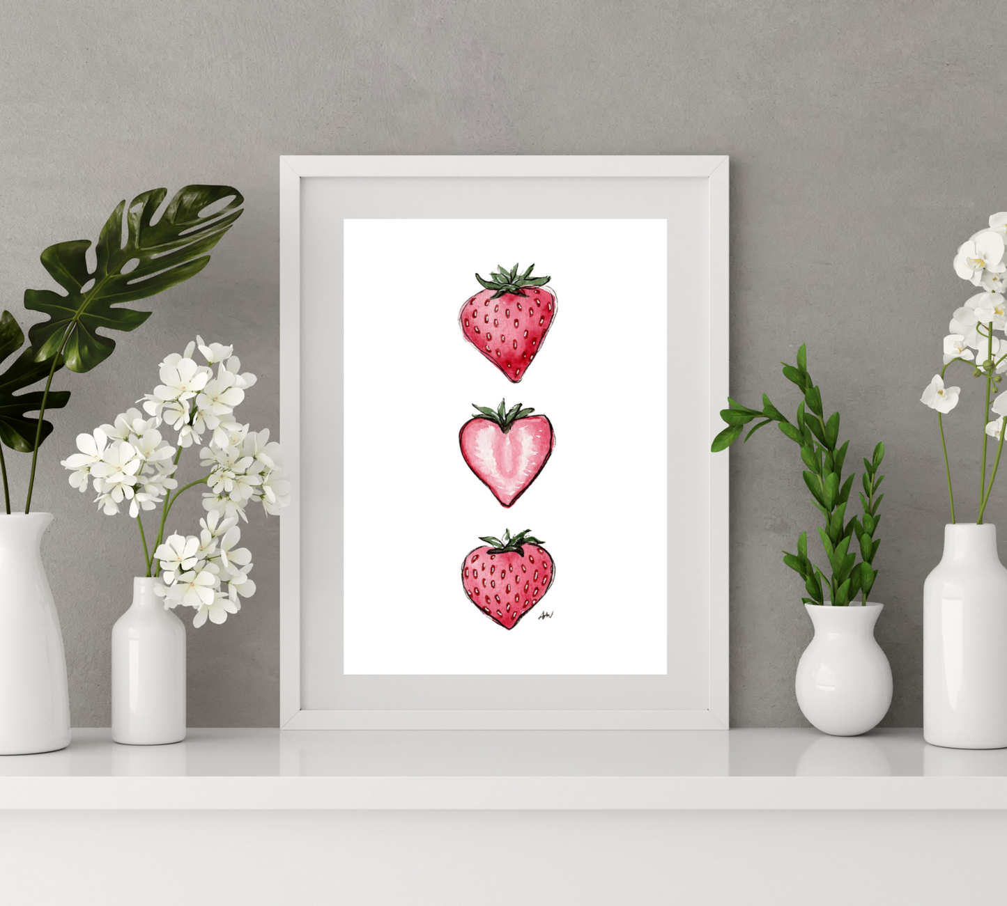 Strawberries - Pen and Watercolor Archival Art Print - alyssawhetstoneart