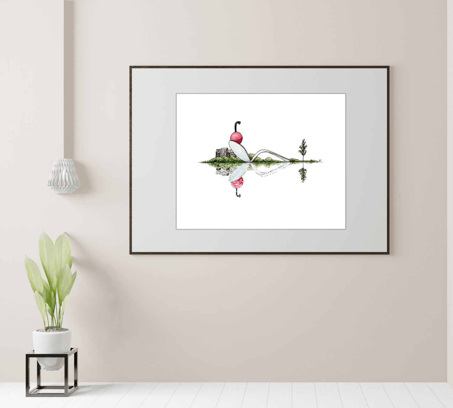 Cherry and Spoon Reflection - Pen and Watercolor Art - Archival Quality Art Print