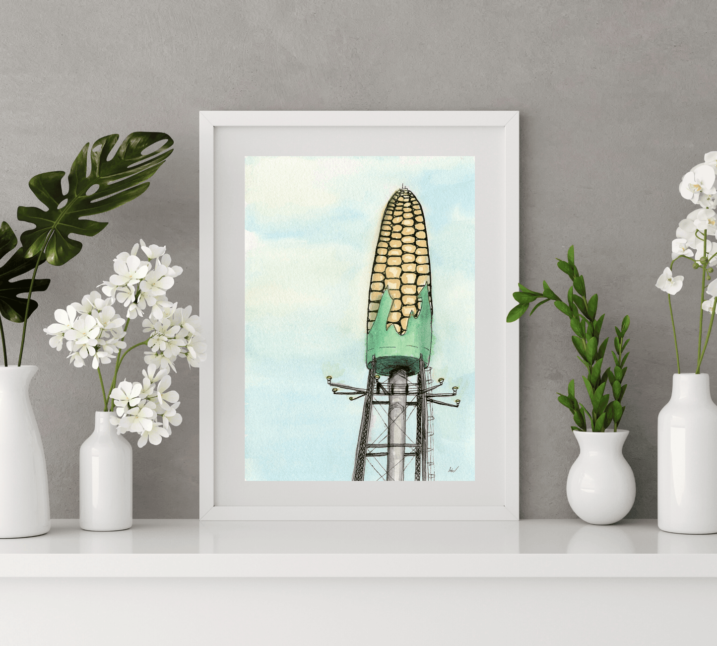 Rochester Corn Water Tower Pen and Watercolor Painting - Archival Quality Art Print