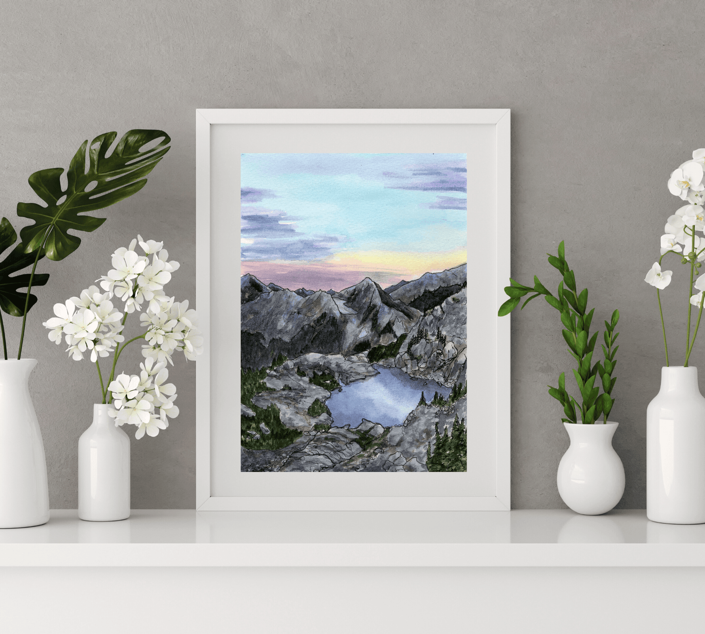 Mountain View of the Lake - Pen and Watercolor Archival Art Print