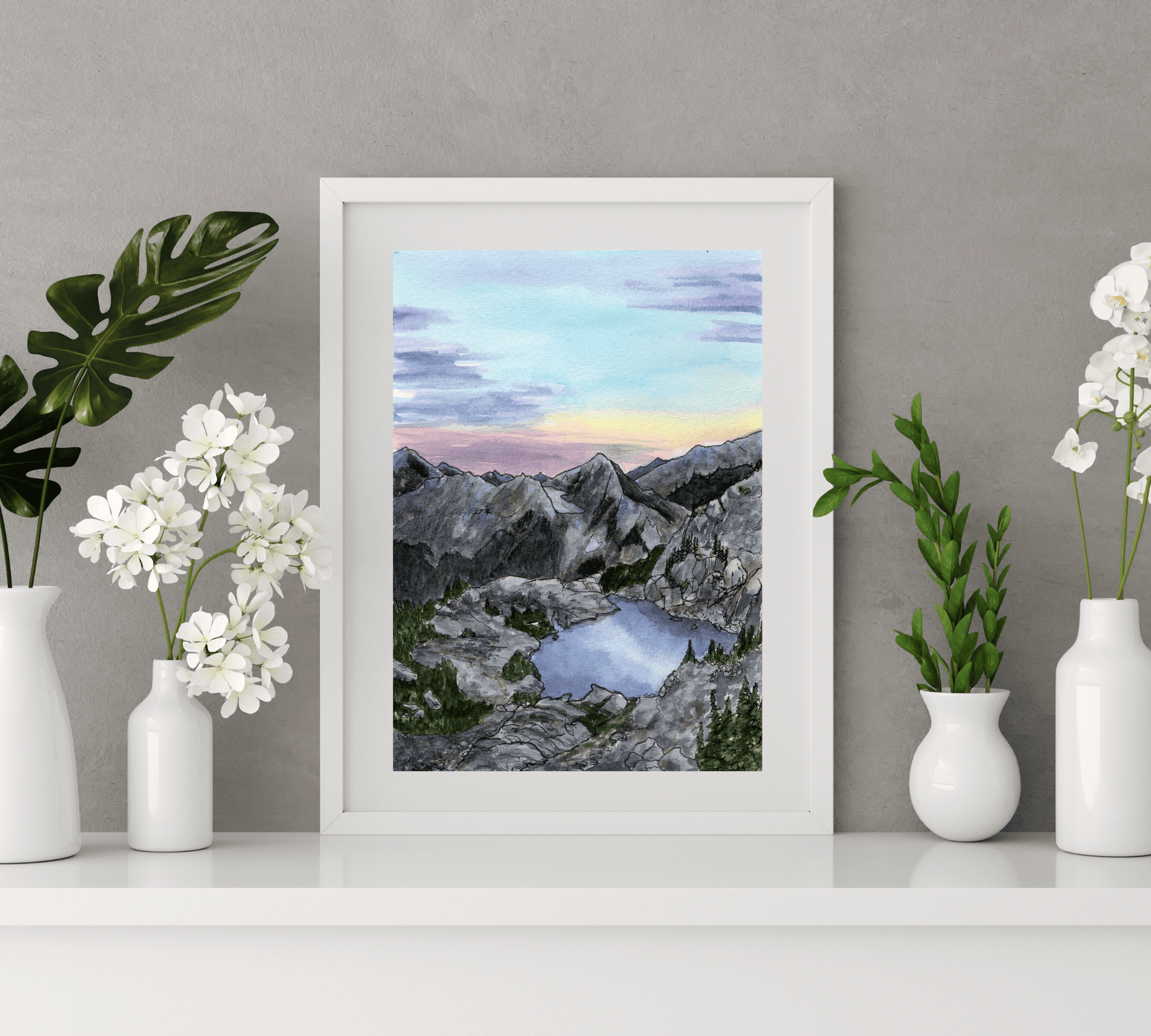 Mountain View of the Lake - Pen and Watercolor Archival Art Print - alyssawhetstoneart