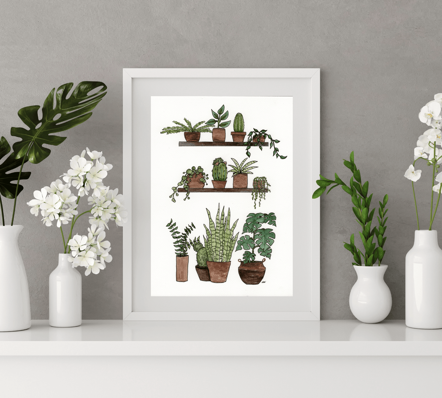 Shelves of Plants - Pen and Watercolor Archival Art Print