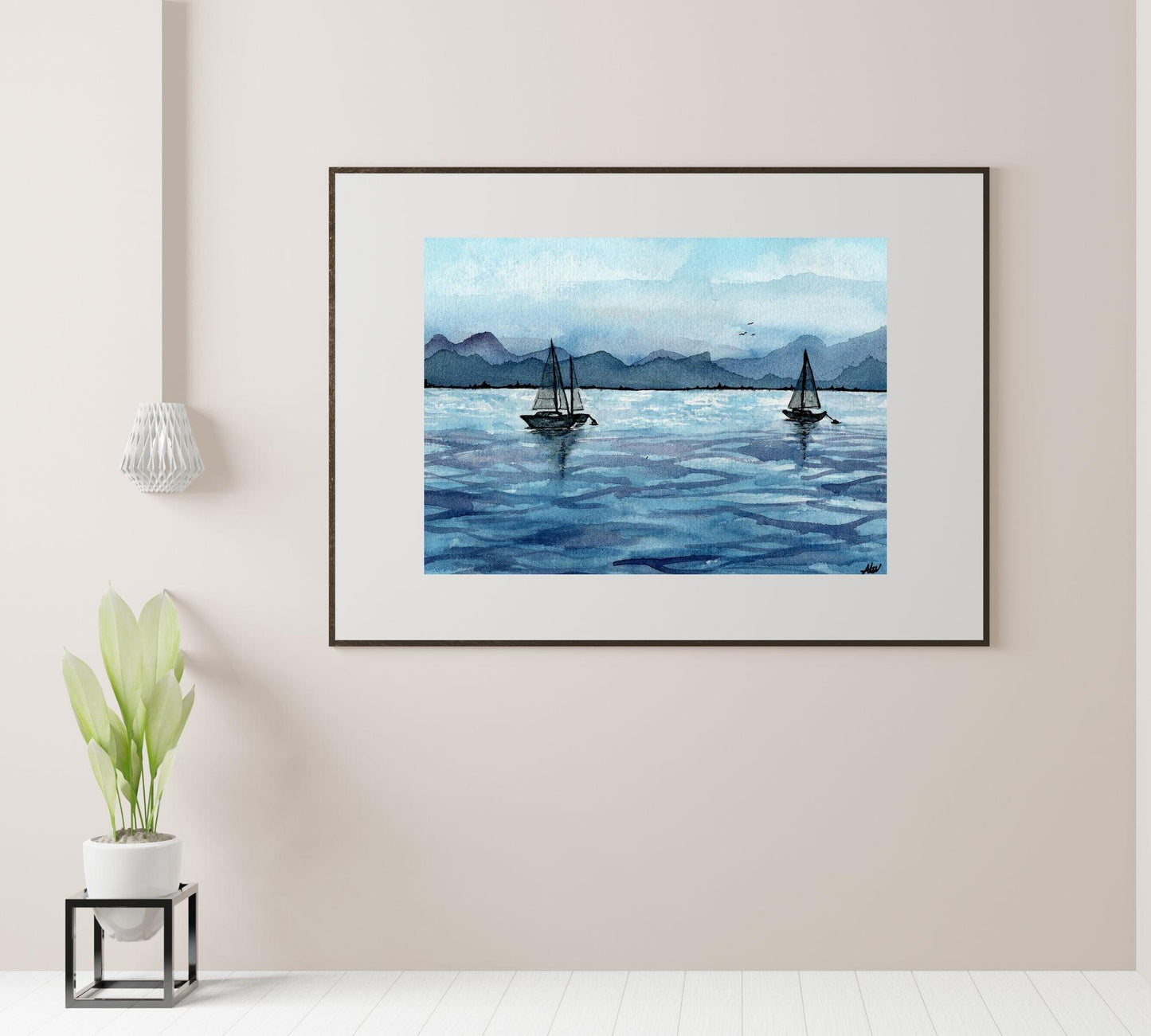 Sailboats - Pen and Watercolor Archival Art Print - alyssawhetstoneart