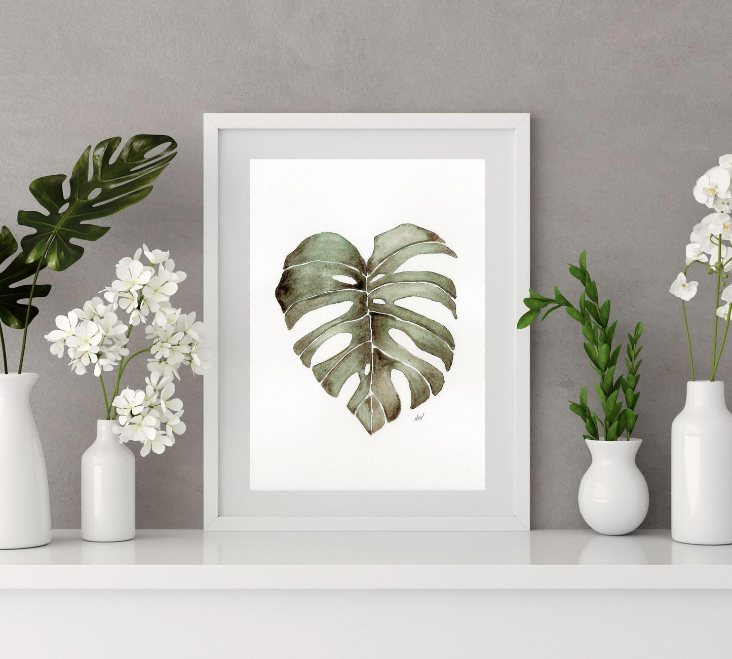 Monstera Leaf - Pen and Watercolor Archival Art Print - alyssawhetstoneart