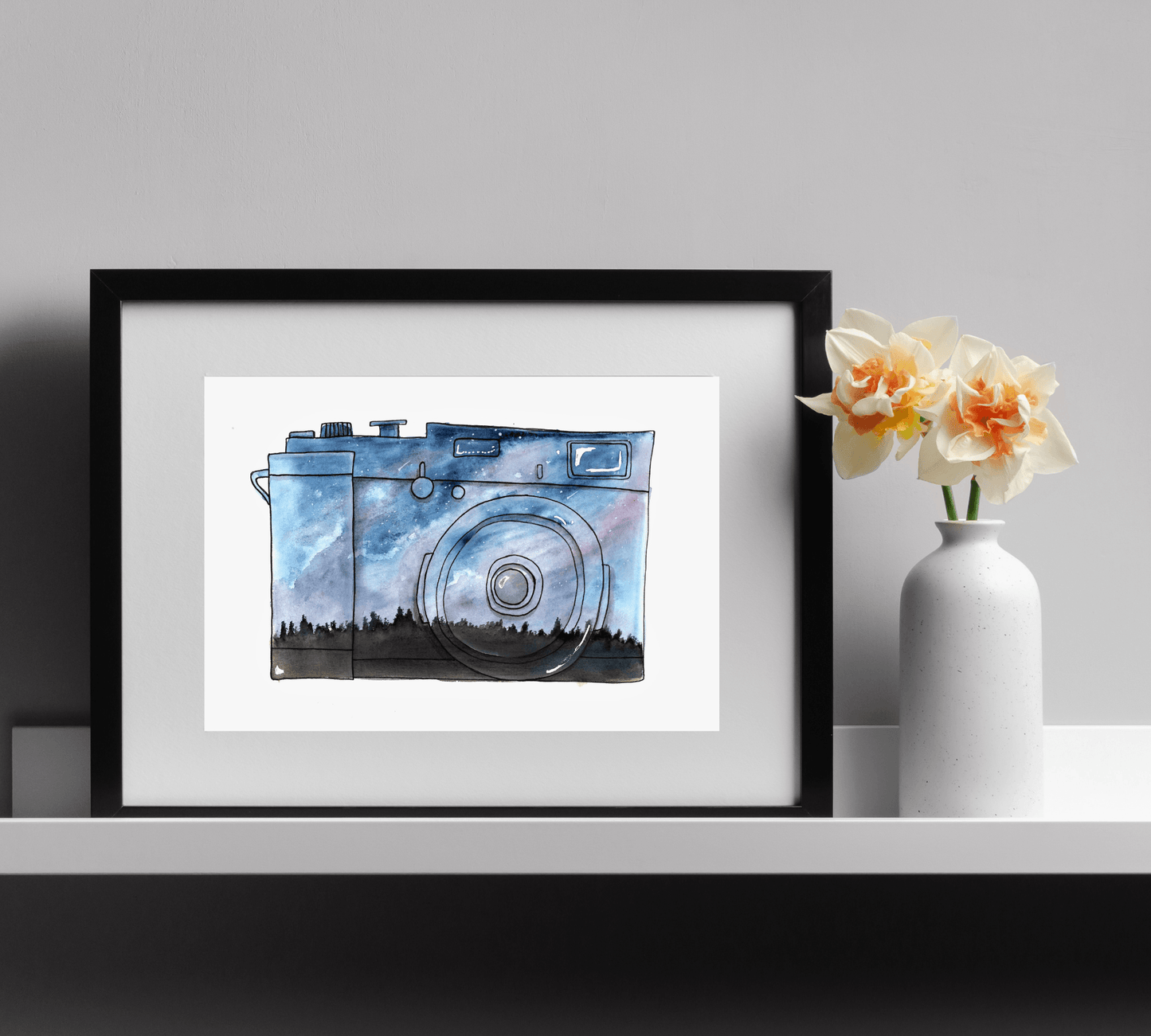 Northern Night Sky Camera Landscape Prints - Pen and Watercolor Archival Art Print